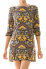 Damask Print V-Back 3/4 Sleeve Mini Dress