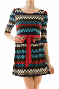 3/4 Sleeve Dot Print Waist Tie Mini Dress