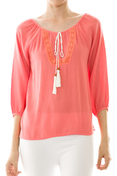 3/4 Sleeve Embroidered Detail Peasant Top