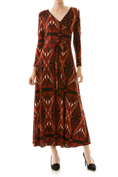 Abstract Print Surplice Long Sleeve Maxi Dress