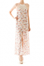Crochet Halter Side Slit Floral Maxi Dress