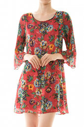 Floral Accordion Sleeve Tie Back Shift Dress