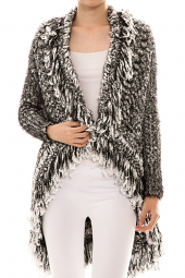Open Front Two Tone Destroyed Fringe Knit Cardigan
