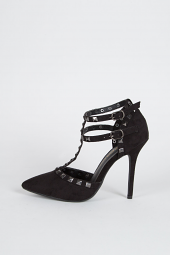 Pointy Studded T-Strap Mary Jane Medium High Pump Heel Shoes