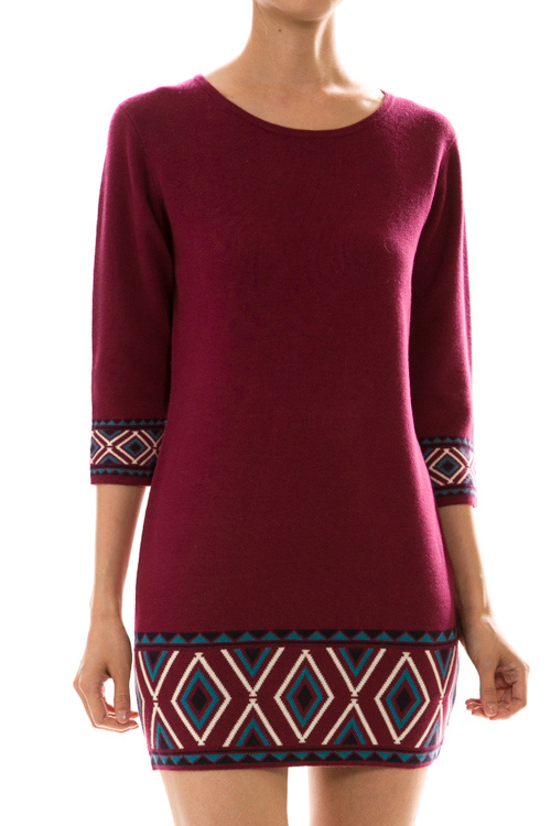 Tribal Print 3/4 Sleeve Knitted Shift Mini Dress