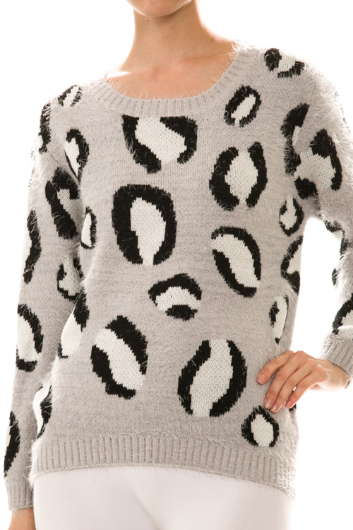Fuzzy Long Sleeve Animal Print Sweater Knit