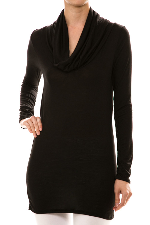 Long Sleeve Cowl Neck Solid Tunic Top