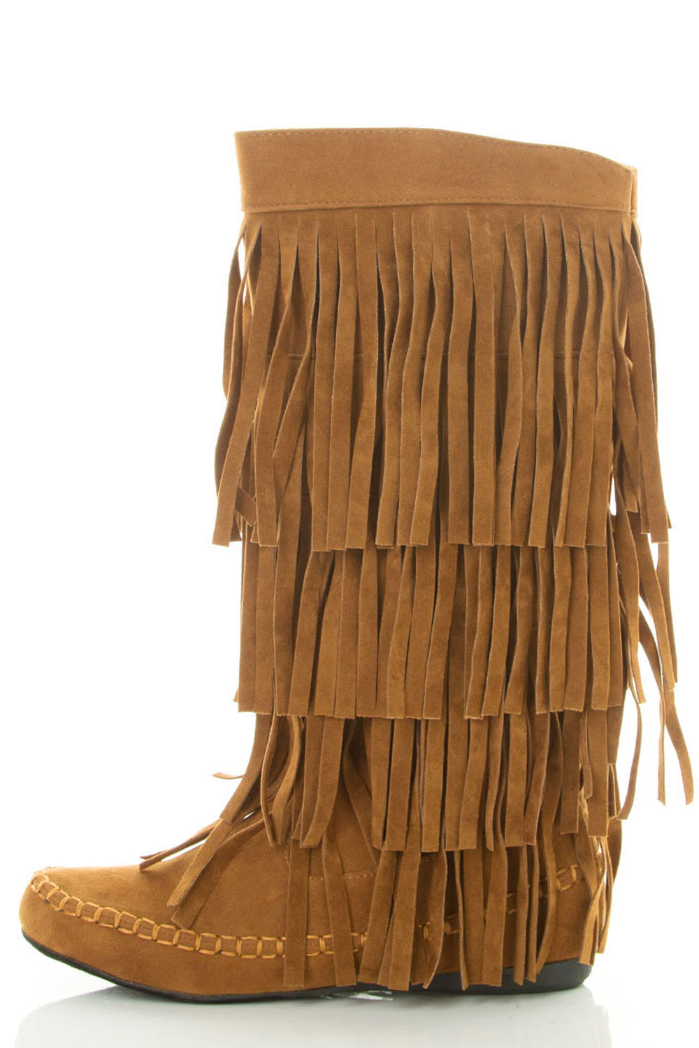 Round Toe Mid-Calf Height Flat Heel Fringe Layer Accent Boots