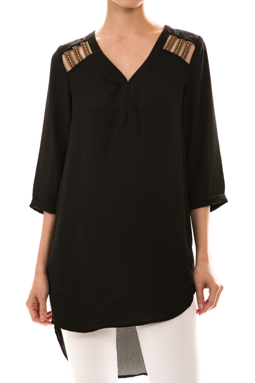 High Low 3/4 Sleeve Embroidered Tunic Top