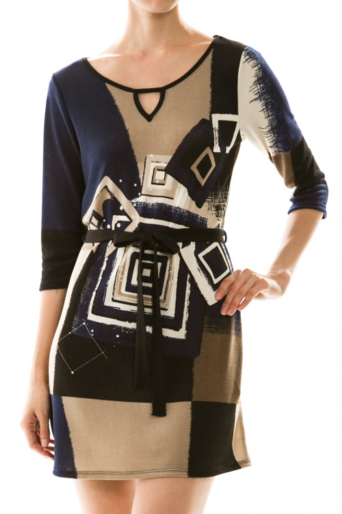Abstract Print 3/4 Sleeve Waist Tie Mini Dress